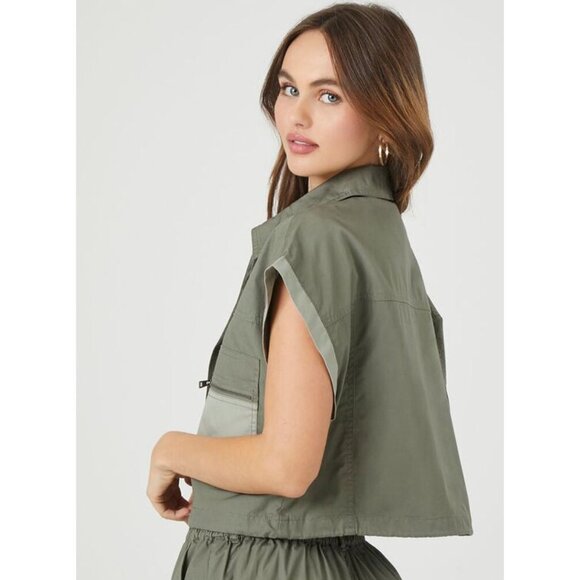 Forever 21 women's Poplin Color block Utility Cropped Vest size S - Picture 3 of 12